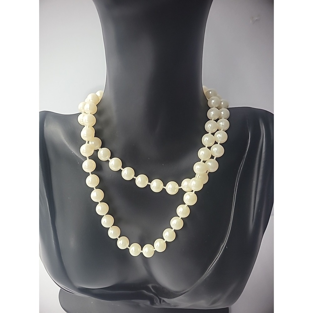 Vintage Necklace Beaded White Solid Hand Strung Gold Tone Jewelry Costume